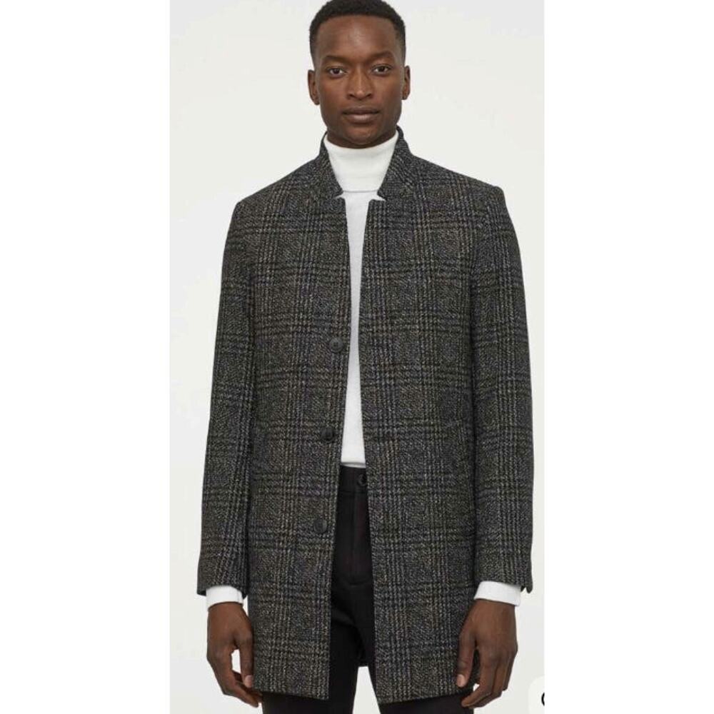 H&M Men's 44R Black & Gray Plaid Wool-Blend Stand Collar Walker Coat HR12-36